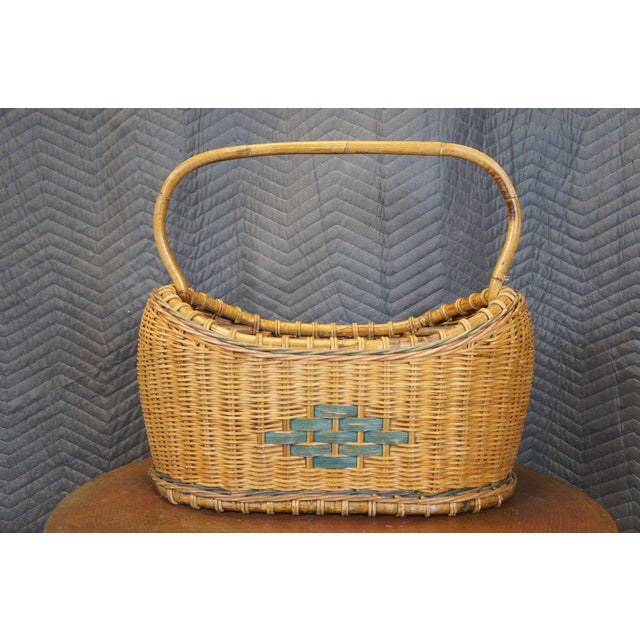 Mid 20th Century Large Vintage Woven Wicker Harvest Basket with Bentwood Bamboo Handle For Sale - Image 5 of 11