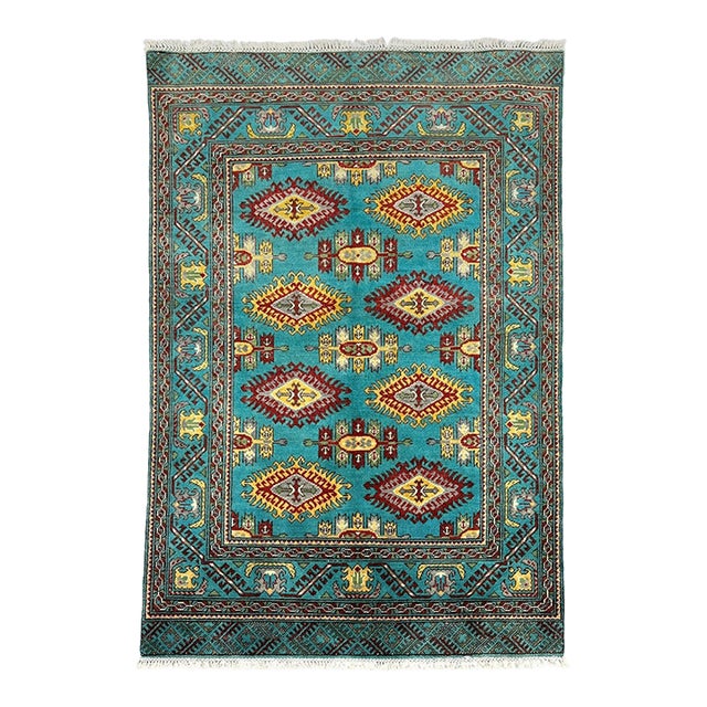 Turquoise Kazak Wool Rug With Repeating Medallions, 3'11" X 5'10" For Sale