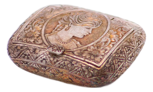 Silver Pill Box with Chiseled Floral and Antique Lady Motifs