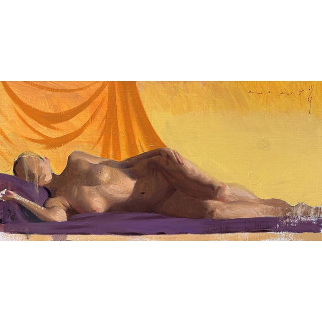 Nude with Orange Veil by Diego Glazer | Oil on Board Nude figure reclining with an orange backdrop. For Sale