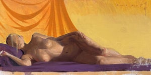 Nude with Orange Veil by Diego Glazer | Oil on Board Nude figure reclining with an orange backdrop.