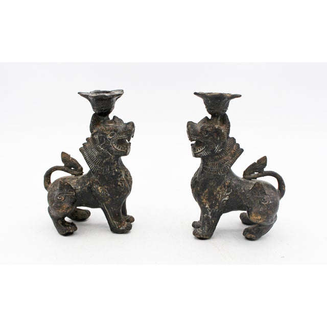 Late 19th century pair of bronze Burmese Chinthe temple guardian lions. Also called Foo Dog or Foo lions. Likely to hold...