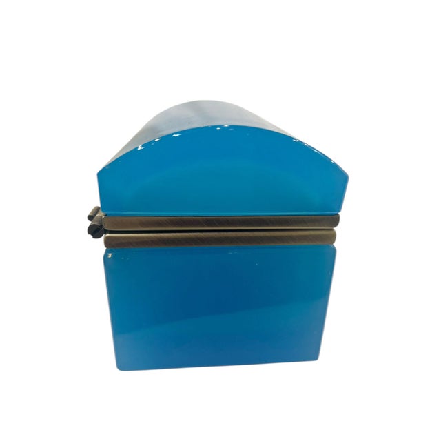 A striking antique French blue opaline glass box dating to the mid 19th century, circa 1860. The rich turquoise blue...