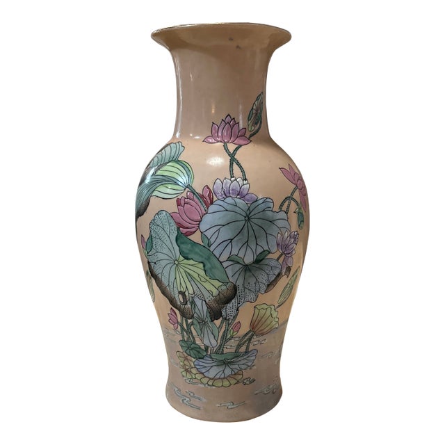 Asian Style Vintage Ceramic Pink Floral Vase For Sale