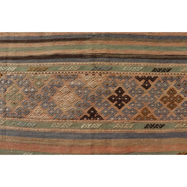 Textile Mid 20th Century Mid 20th Century Vintage Striped Turkish Kilim Rug With Geometric Shapes and Soft Muted Colors For Sale - Image 7 of 12
