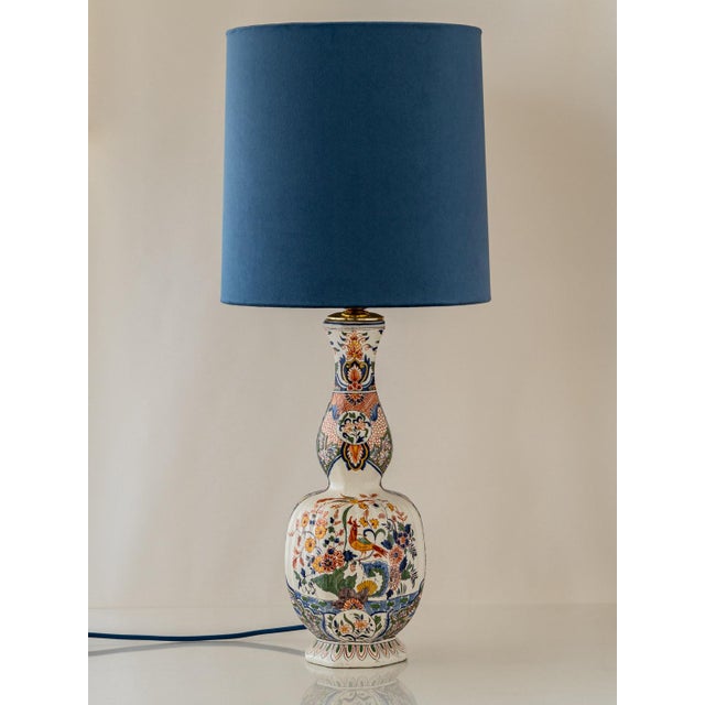 Antique French Faience Table Lamp by Géo Martel with New Velvet Shade For Sale - Image 11 of 11