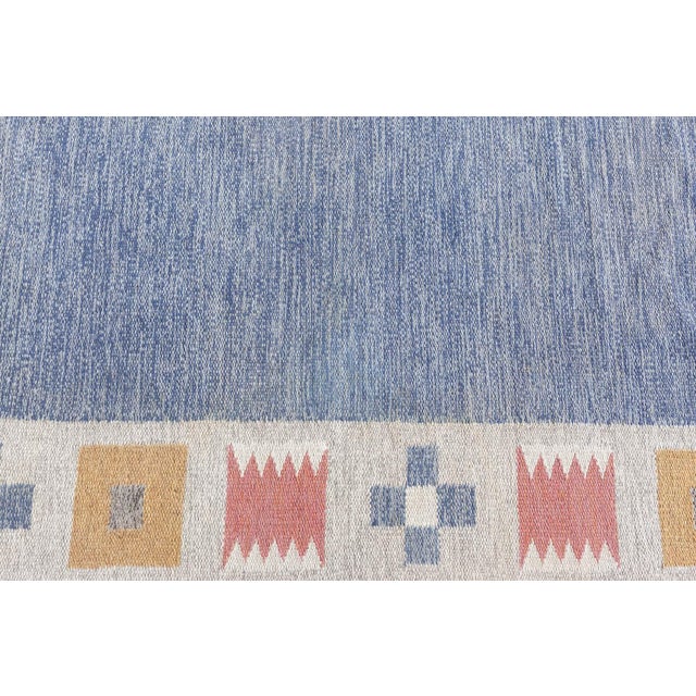 Vintage Swedish Flat Woven Rug by Bitte Ahlgren Size: 5'4" × 7'10" (162 × 238 cm) Color: Beige, Blue, Gold, Gray, Pink...