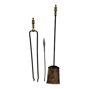 Set of Three Early American Brass and Iron Fireplace Tools