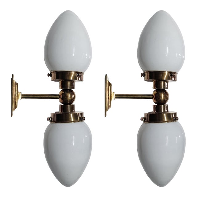 1940s Pair Vintage Art Deco Light Old Lamp Wall Sconces Fixture Brass & Milk Glass Shade Ship Light For Sale
