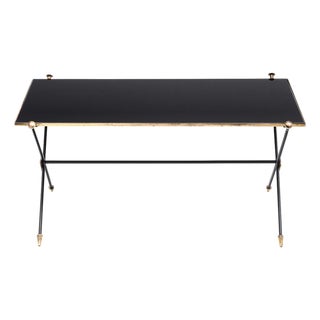 French Mid-Century Black Glass, Iron and Brass Coffee Table For Sale