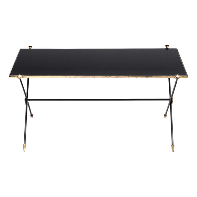 French Mid-Century Black Glass, Iron and Brass Coffee Table For Sale