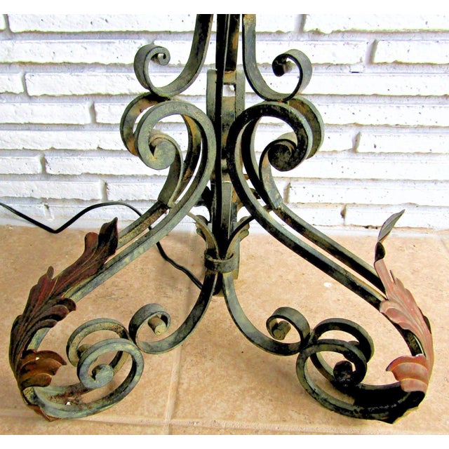1920s French Art Deco Wrought Iron Scrollwork and Leaves Tripod Floor Lamp and Shade For Sale - Image 17 of 17