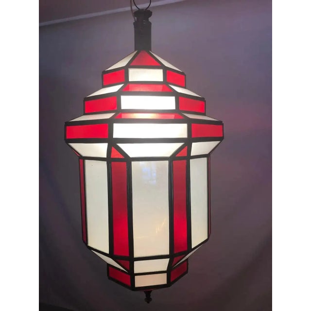1990s Art Deco-Style White Milk & Red Glass & Bronze Chandelier, Pendant or Lantern For Sale In New York - Image 6 of 18