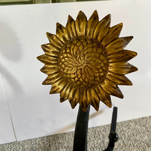 Traditional Iron and Brass Sunflower Andirons - A Pair For Sale - Image 3 of 18