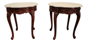 French Style Floral Carved Mahogany Finish Side Tables - a Pair