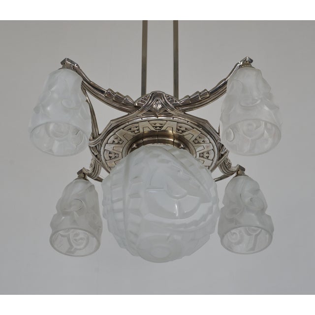 Metal French Art Deco Chandelier by Degue 1930 France For Sale - Image 7 of 11
