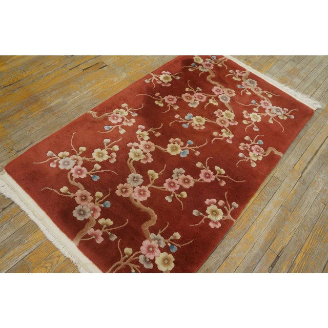 Luxurious Ruby Red Color With Lovely Floral Design Chinese Art Deco Rug For Sale - Image 10 of 10