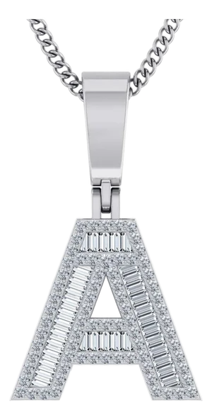 10K White Gold Baguette Initial A Pendant 3/8 Cttw