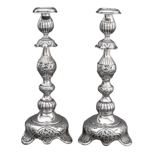 Russian Judaica Sterling Silver Candlesticks, Pair For Sale