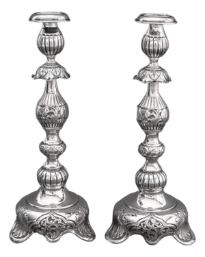 Russian Judaica Sterling Silver Candlesticks, Pair