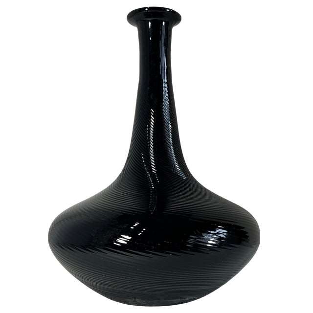 Glass 11 In. Tall Murano Art Glass Black Spiral Textural Swirl Vase For Sale - Image 7 of 13