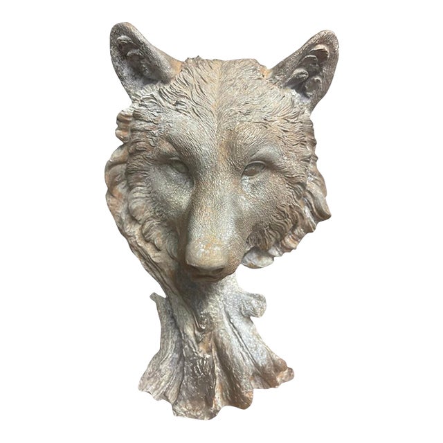 Vintage Cast Iron Wolf Bust Garden Statue For Sale