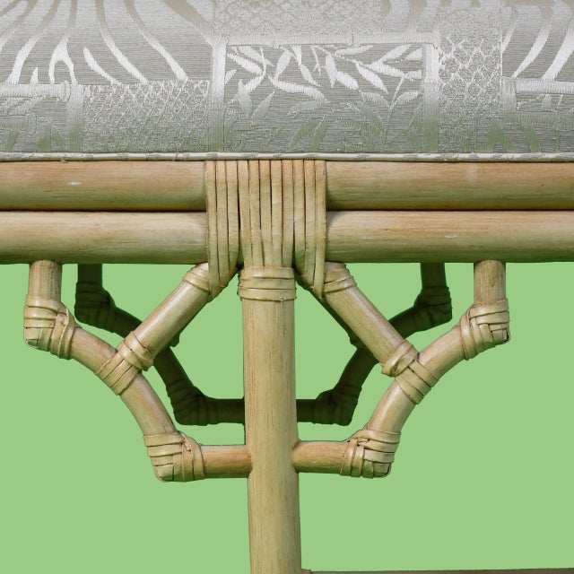 Upholstered Fretwork Rattan Bench For Sale - Image 4 of 5