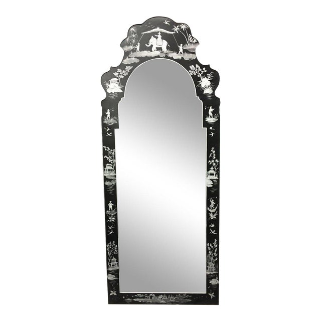 20th Century Chinoiserie Black & White Painted Tole Mirror For Sale