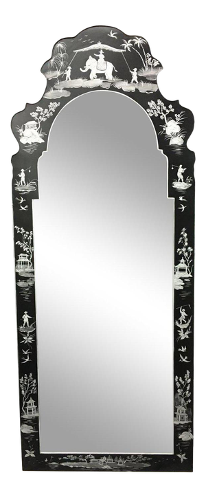 20th Century Chinoiserie Black & White Painted Tole Mirror