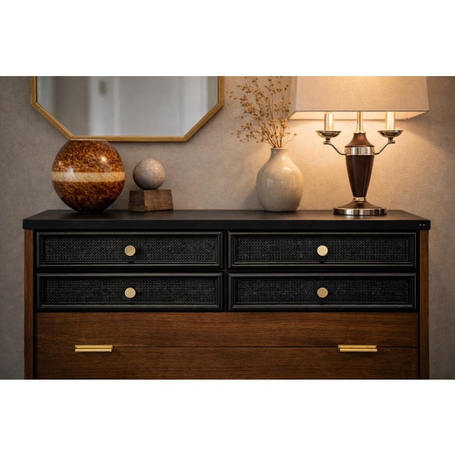 Wood Vintage Mid-Century Walnut Dresser With Black Cane Drawer Fronts & Brass Hardware For Sale - Image 7 of 7