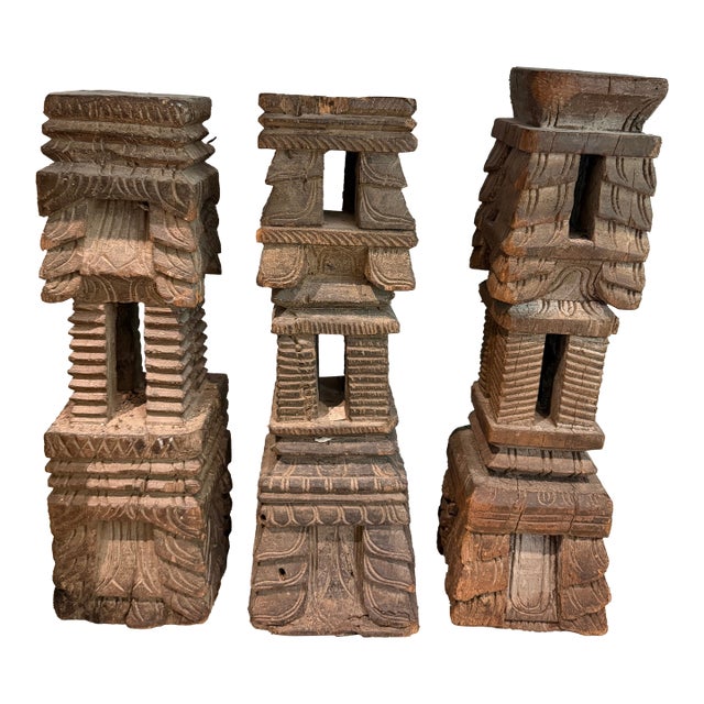 Deepam Carved Fruitwood Stand, S/3 For Sale