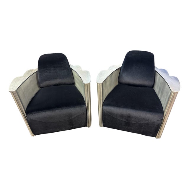 1970s Pair of Art Deco Club Chairs Silver Leaf Over Wood With Black Velvet Seat For Sale