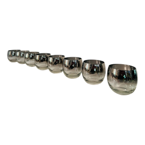 Mid Century Modern Set of 8 Dorothy Thorpe Atomic Roly Poly Glasses With Metal Carrier