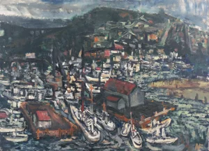 'Evening at the Harbor', Large American Post-Impressionist Oil, Mid-Century Marine Landscape