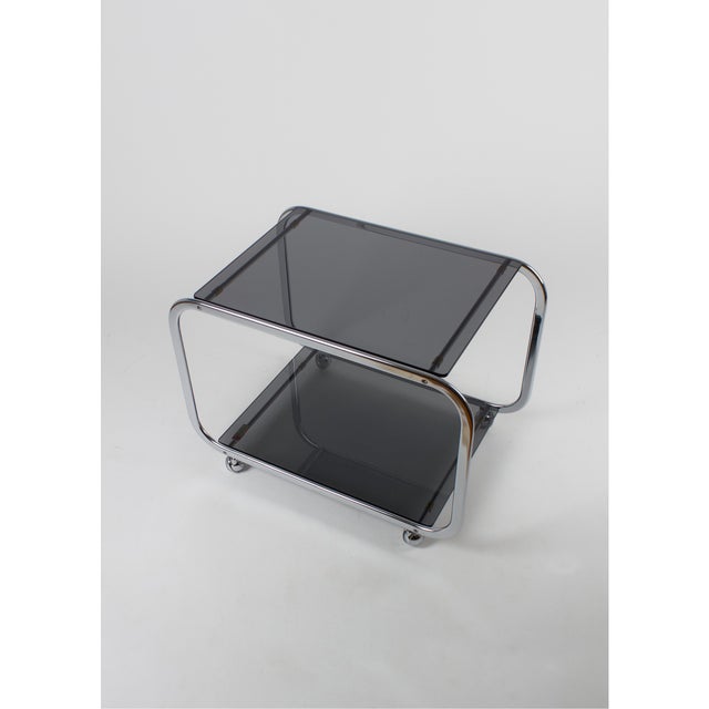 Mid-Century Modern Vintage Chrome and Smoked Glass 2-Tier Coffee Table on Casters, 1970s For Sale - Image 3 of 11