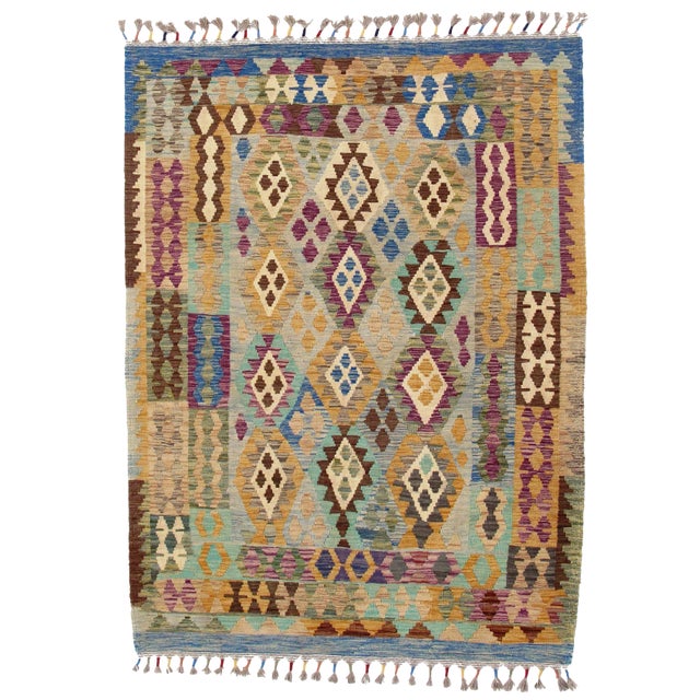 Afghan Kilim Handspun Wool Rug - 4′10″ × 6′6″ For Sale