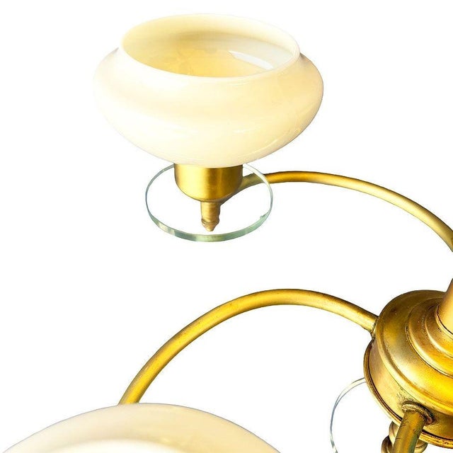 Scandinavian Art Deco Brass Four-Light Chandelier W/ Opaline Glass Shades For Sale In Los Angeles - Image 6 of 7