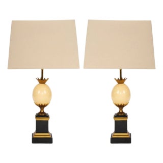 Mid 20th Century Maison Charles–Attributed Pair of Gilt Bronze and Ostrich Egg Table Lamps For Sale