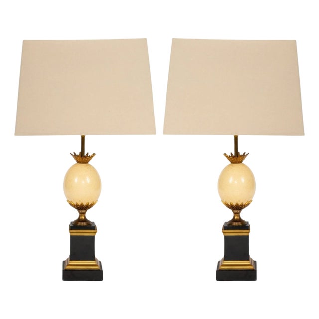 Mid 20th Century Maison Charles–Attributed Pair of Gilt Bronze and Ostrich Egg Table Lamps For Sale