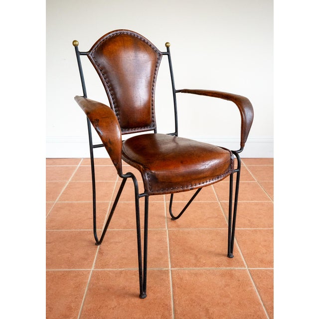 Mid-Century Modern Sculptural Leather Armchair in Iron and Brass from Jacques Adnet, 1950s For Sale - Image 9 of 18