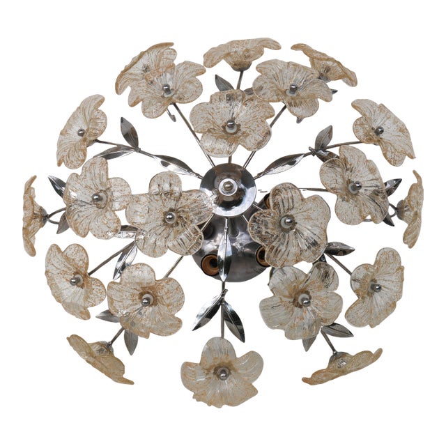 1980s Wonderful Gold and Transparent Murano Glass Ceiling Light Flower For Sale