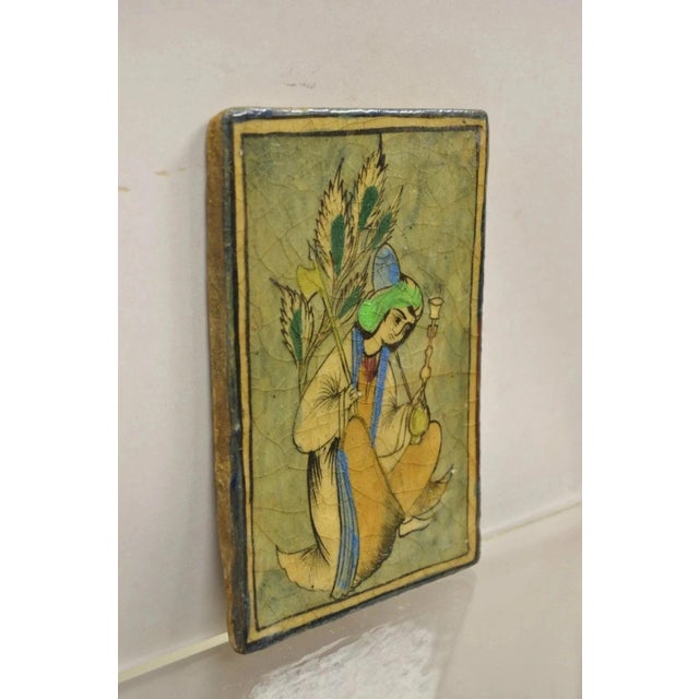 Early 20th Century Antique Persian Iznik Qajar Style Green Ceramic Pottery Tile Kneeling Woman C5 For Sale - Image 5 of 9