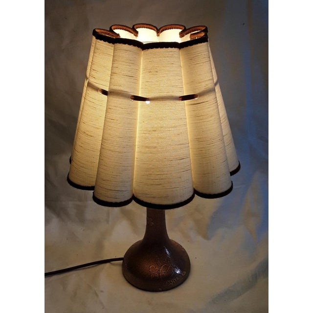 Art Nouveau Table Lamp with Formerly Silver Plated Copper Base & Segmented Beige Fabric Shade with Brown Ribbons For Sale - Image 4 of 6