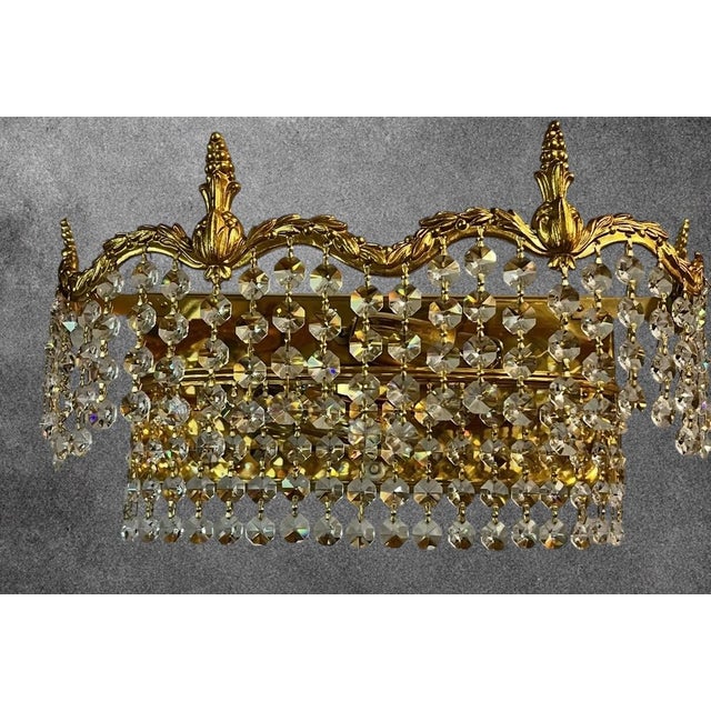 Large Antique Brass Wall Lamp with Swarovski Crystals, 1940s For Sale - Image 4 of 5