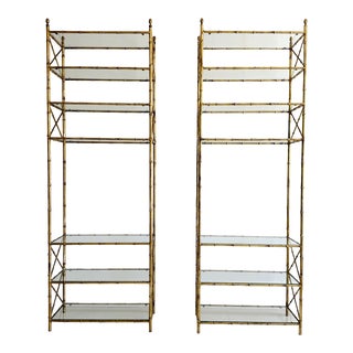 Pair Gilt Iron Faux Bamboo 7 Shelf Etageres For Sale