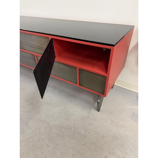 1990s Custom 11 Drawer Credenza in Red with Brushed Steel Doors and Black Glass Top For Sale - Image 15 of 17