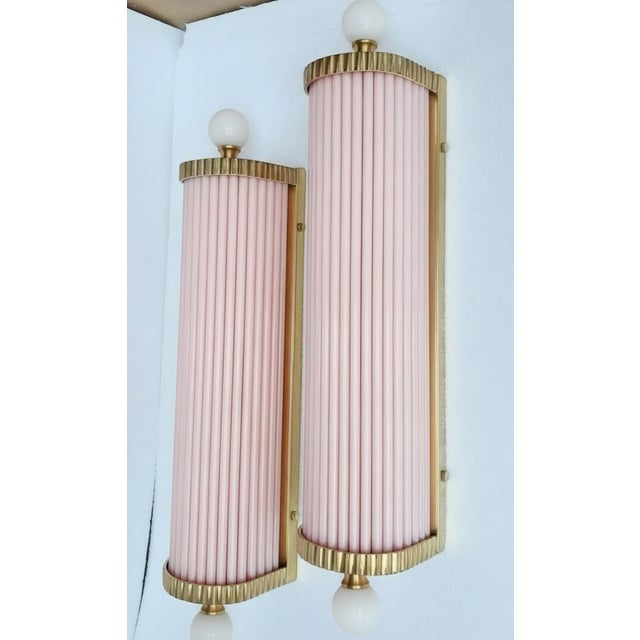 Art Deco Vintage Art Deco Light Old Lamp Wall Sconces Fixture Brass & Pink Glass Rod Ship Light - Pair For Sale - Image 3 of 5
