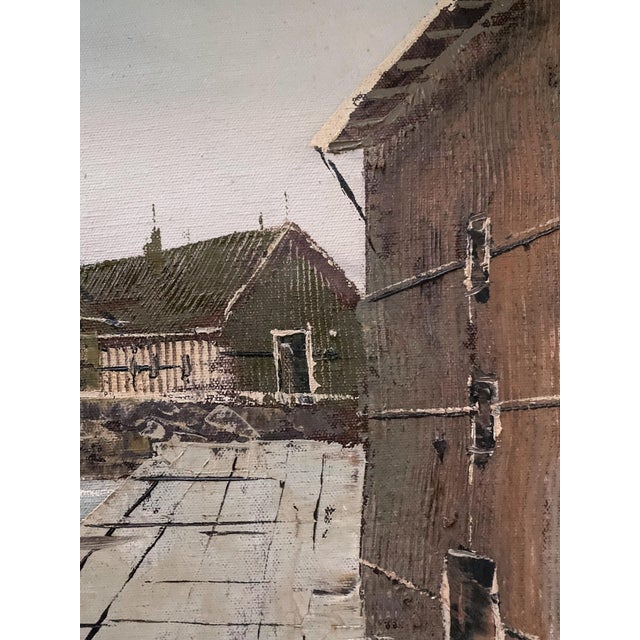 Mid Century Framed Painting of Serene Waterside Seascape Port Scene in Muted Colors For Sale - Image 6 of 10