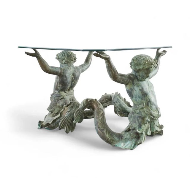 Neoclassical Mid 20th Century Antique-Style Patinated Bronze Merman/Triton Dining Table Base With Glass Top For Sale - Image 3 of 8
