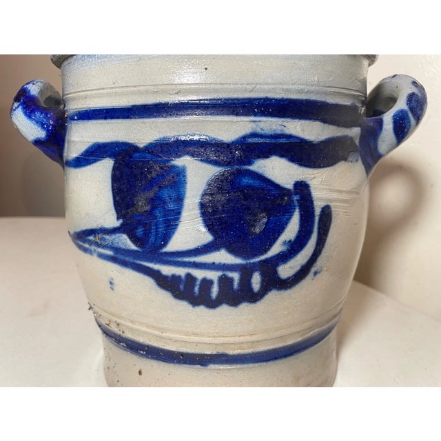 American Antique 1800's Handmade Stoneware Salt Glazed Crock Pottery Jug Vase W/ Handle For Sale - Image 3 of 11
